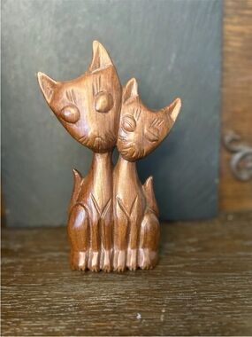 Mid Century Modern Wood Cat Figurine Pair Decorative Collectible